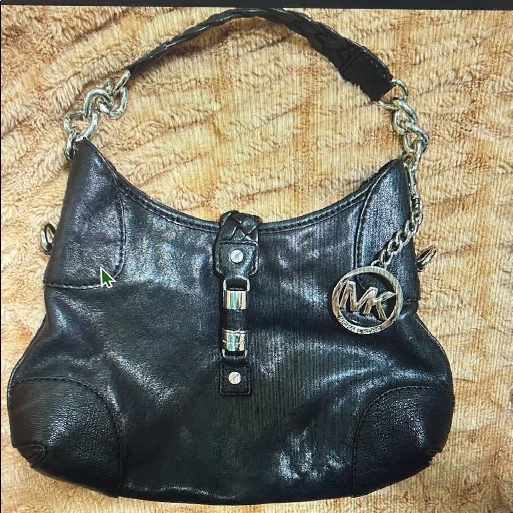 Michael Kors Black Leather Shoulder Bag with Silver Chain Charm